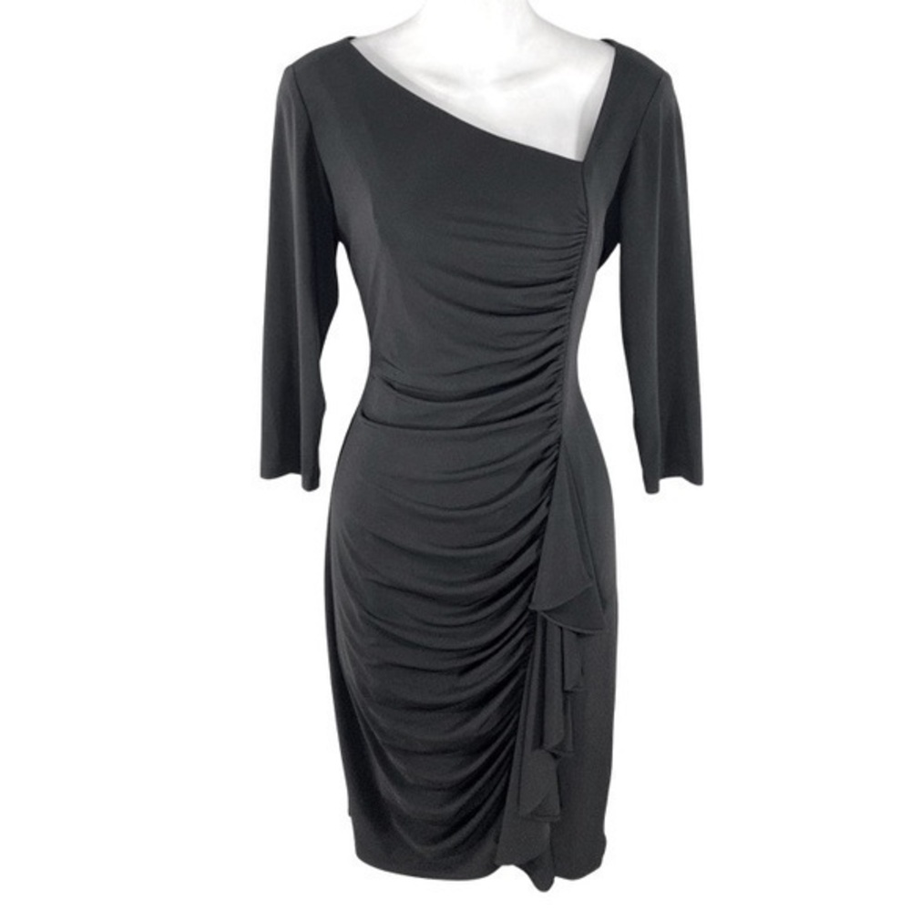 David Meister black asymmetric neckline drape front dress C13